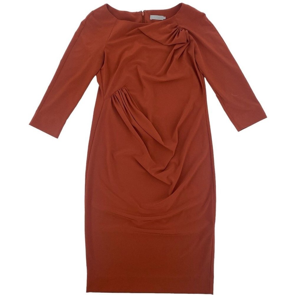 COS Size 36 SMALL Side Ruched Dress 3/4 Sleeve In Rust